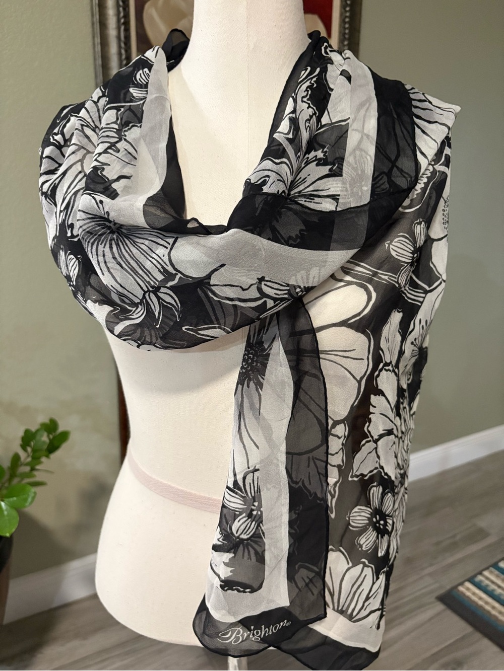 Brighton Black and White Floral Sheer Scarf - Picture 2 of 9